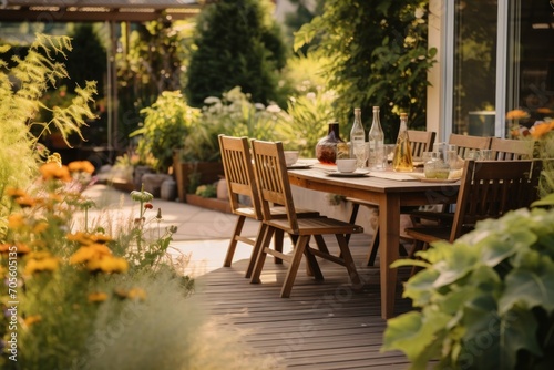 Plants and wooden chairs at table with food on terrace of house in the summer