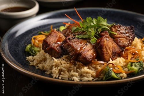 Closeup of palatable spiced pork meat and rice chaufa in plated on table in expensive restaurant photo