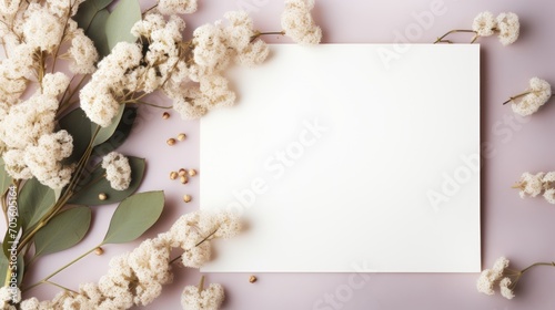 Styled stock photo. Feminine wedding desktop stationery mockup with blank greeting card, baby's breath Gypsophila flowers, dry green eucalyptus leaves, satin ribbon and white background. Empty space