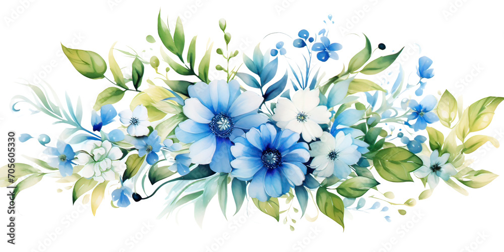 Watercolor floral illustration - bouquet with bright  blue vivid flowers, green leaves - 1