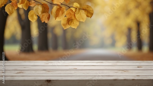 empty white wooden linden table with blurred autumn background