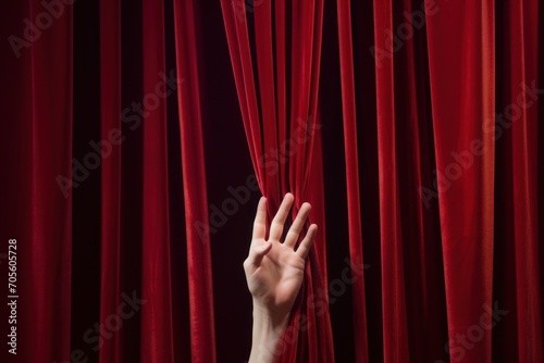 Hand Holding Red Curtain