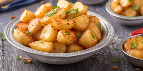 Aloo tuk: double fried potatoes tossed in spices on the wooden table with bokeh lights background with copy space