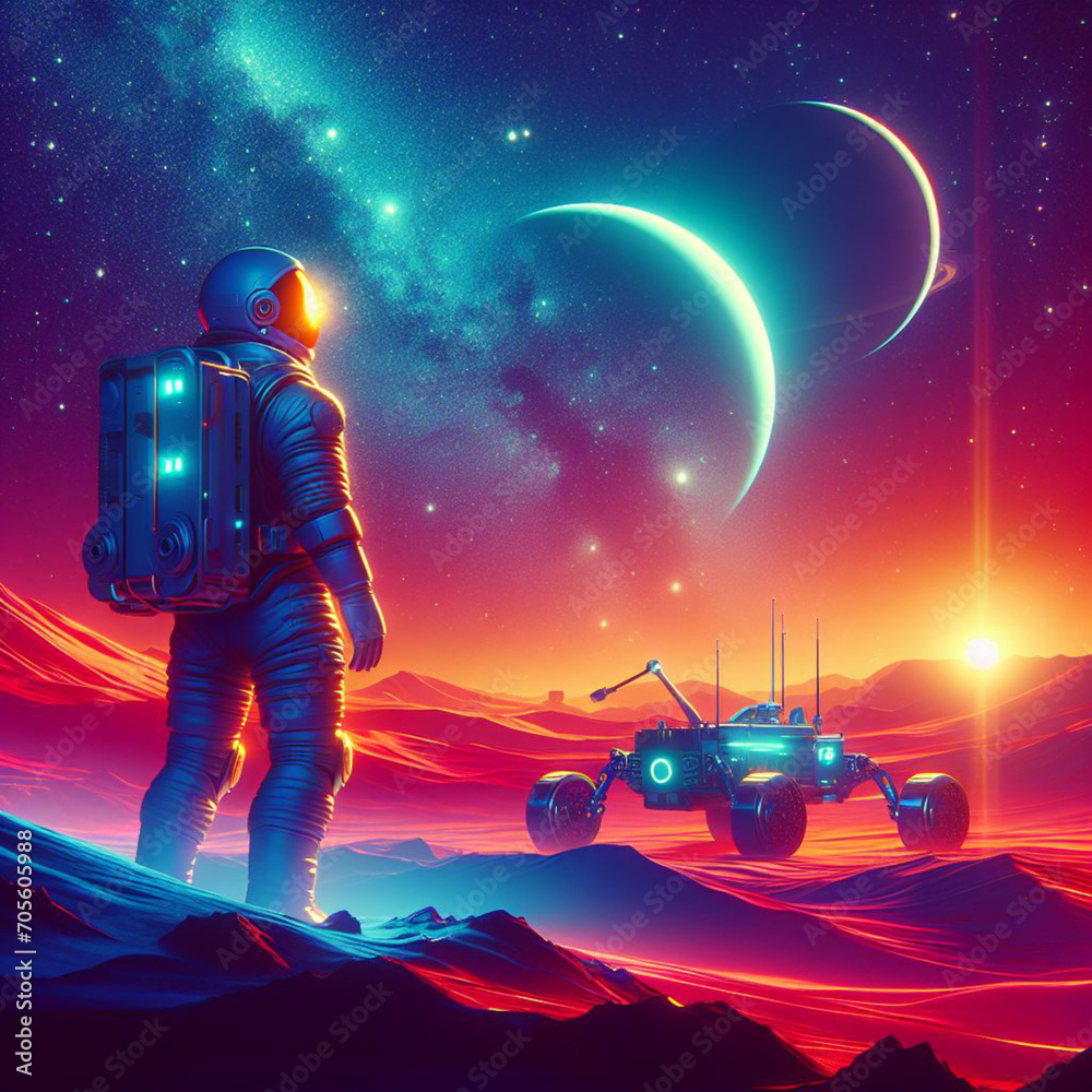 Naklejka premium a man in an astronaut suit stands on a desert with a red planet in the background