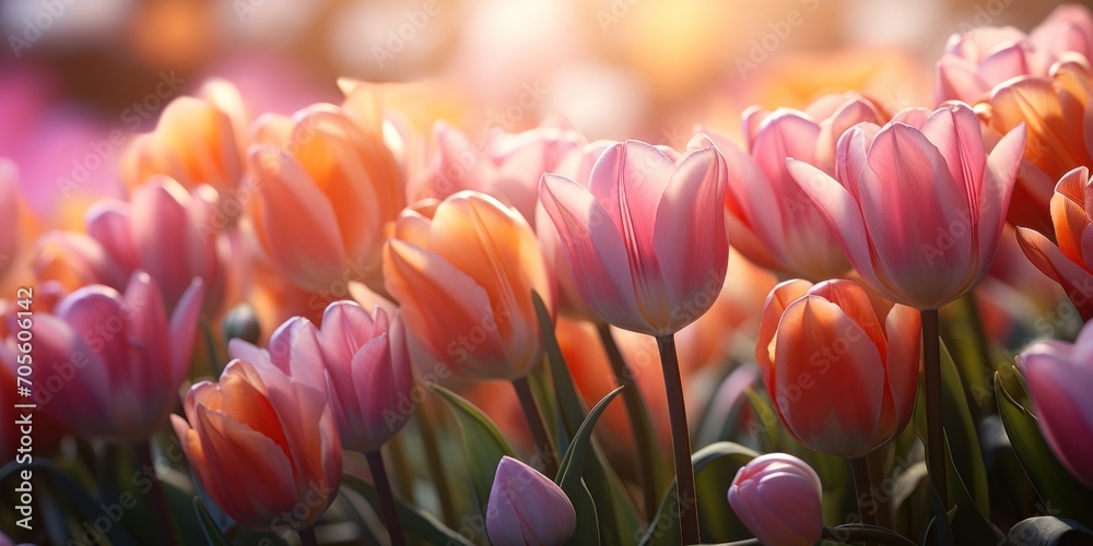 Beautiful tulips on blurry background, closeup. Fresh spring flowers in the garden with soft sunlight for your horizontal floral poster, wallpaper or holidays card.