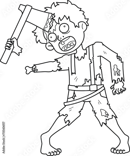 Zombie with an Axe in His Head Isolated Coloring