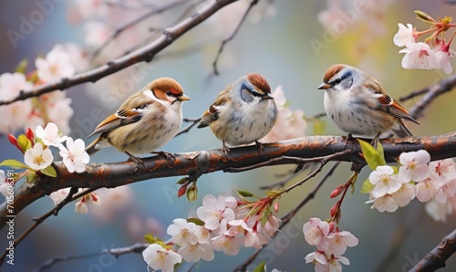 little funny birds and birds chicks sit among the branches of an apple tree with white flowers in a sunny spring garden