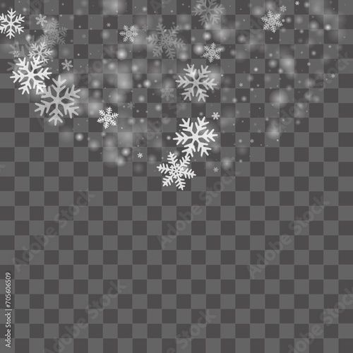 Random heavy snow flakes backdrop. Winter speck frozen granules. Snowfall sky white transparent design. Scattered snowflakes new year vector. Snow cold season scenery.