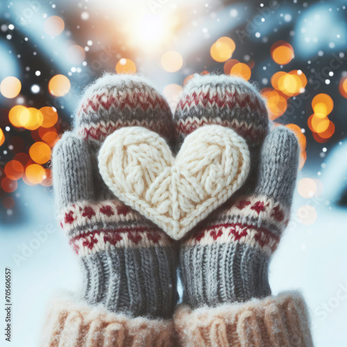 Female hands in knitted mittens with knitted heart on a snowy winter day bokeh light. ai generative
