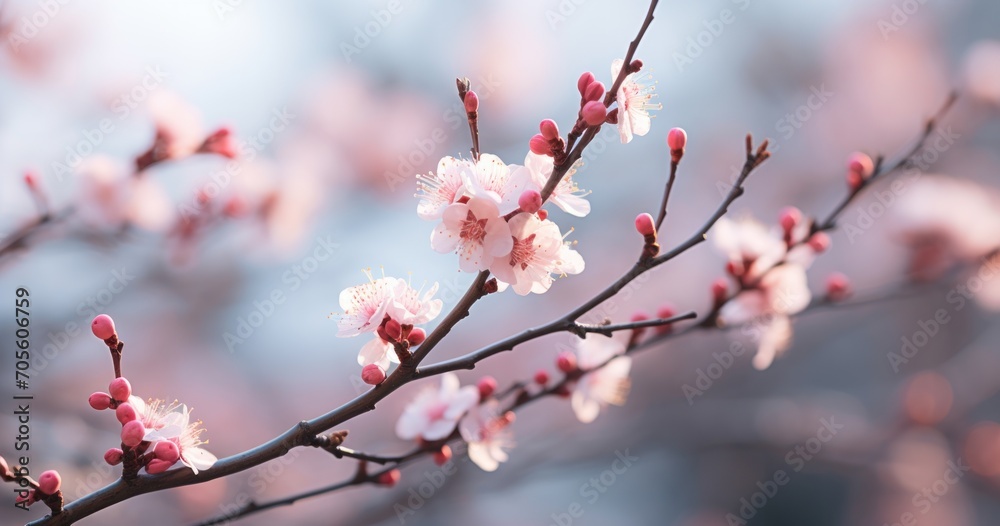 Closeup of spring pastel blooming flower in orchard. Macro cherry blossom tree branch.