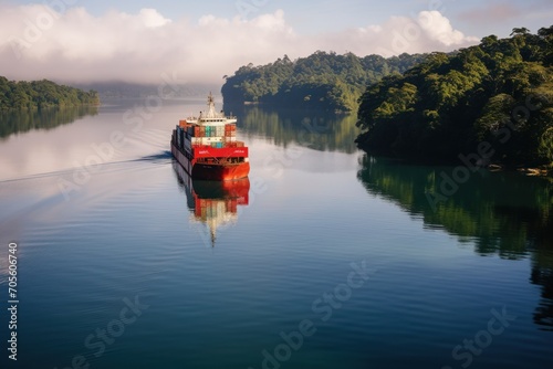 Container Ship on Lago Gatun, Canal,