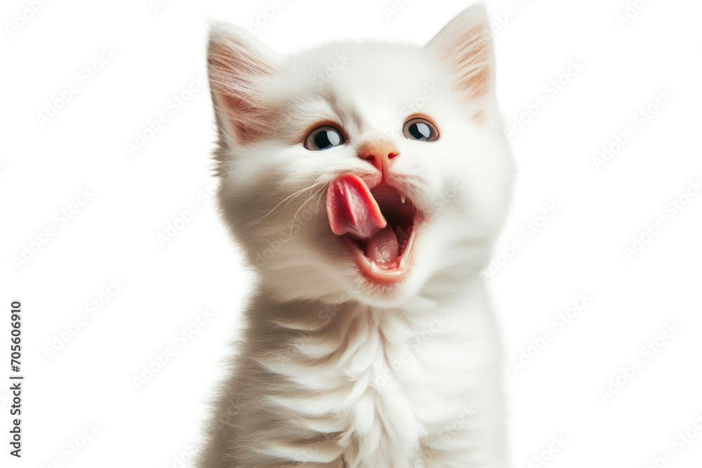 Hungry white kitten cat eating and licking its lips with tongue Isolated on on white background. ai generative Hungry white kitten cat eating and licking its lips with tongue Isolated on on white background. ai generative