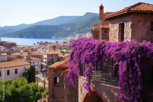 . Landscape of the picturesque city of Tossa de Mar, on the Mediterranean coast. Costa Brava. Flowers of wisteria. Spring landscape in . Aerial view. photo