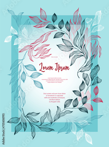 Bay leaves frame vector greeting card template. Rustic card design with laure...