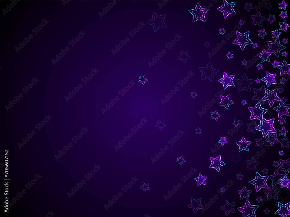 Neon luminous stars music vector background. Violet led magic New Year sparkles.