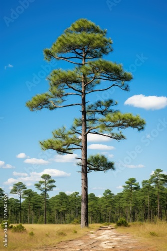 An old growth Longleaf Pine tree against a blue sky and single cloud, Wade Tract Preserve,