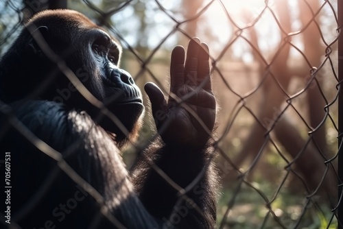 Hand of a gorilla in a cage close-up while locked, wild animal rescue concept.