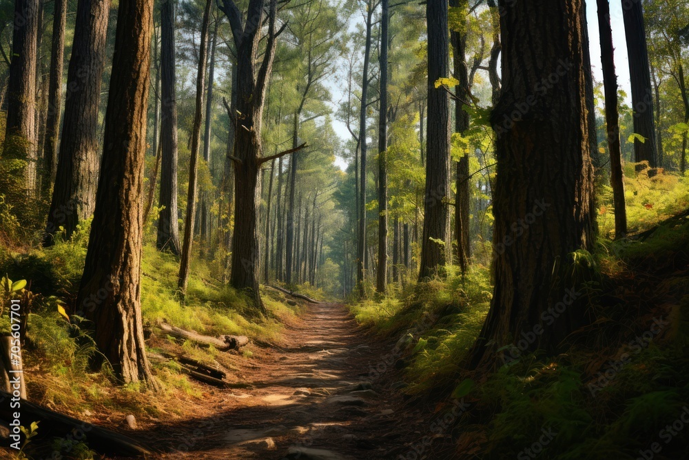 Obraz premium A straight trail through a young forest