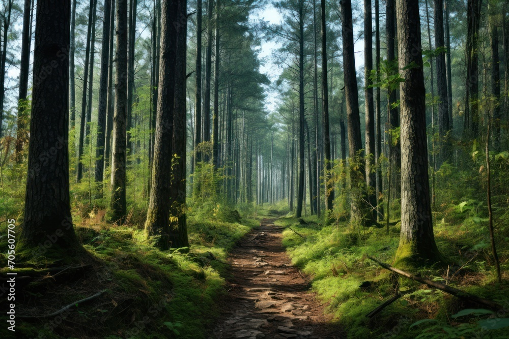 Obraz premium A straight trail through a young forest