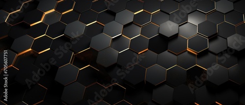 Luxury hexagonal abstract black metal background with golden light lines. Dark  geometric texture illustration. Bright grid pattern. Pure black horizontal banner wallpaper. Carbon elegant wedding BG