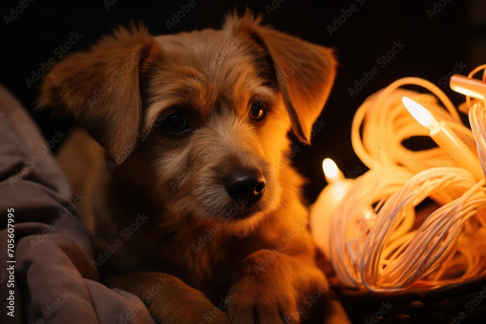 Cuddling puppy in basket with glowing lamp Love