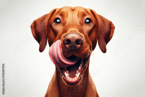 Portrait hungry and funny cute dog licking it lips with tongue on white background. ai generative