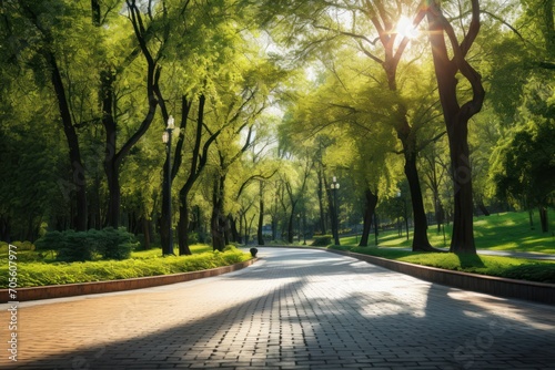Green spring sunny city park with road and beautiful trees alley