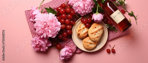 Tasty food for picnic with wine and peony flowers on pink background, top view