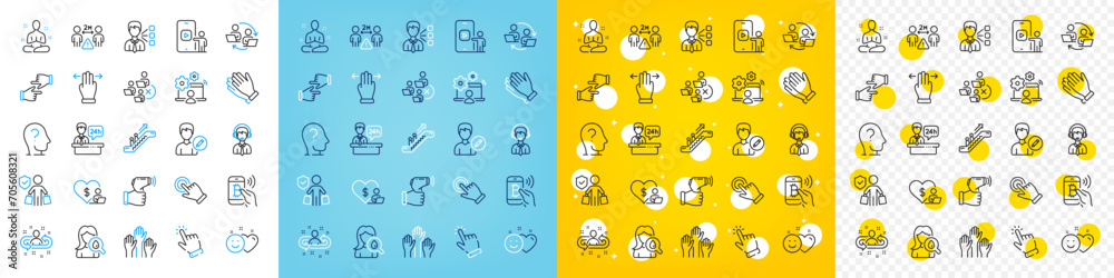 Vector icons set of Reception desk, Phone video and Shipping support line icons pack for web with Psychology, Touchscreen gesture, Buyer insurance outline icon. Electronic thermometer. Vector