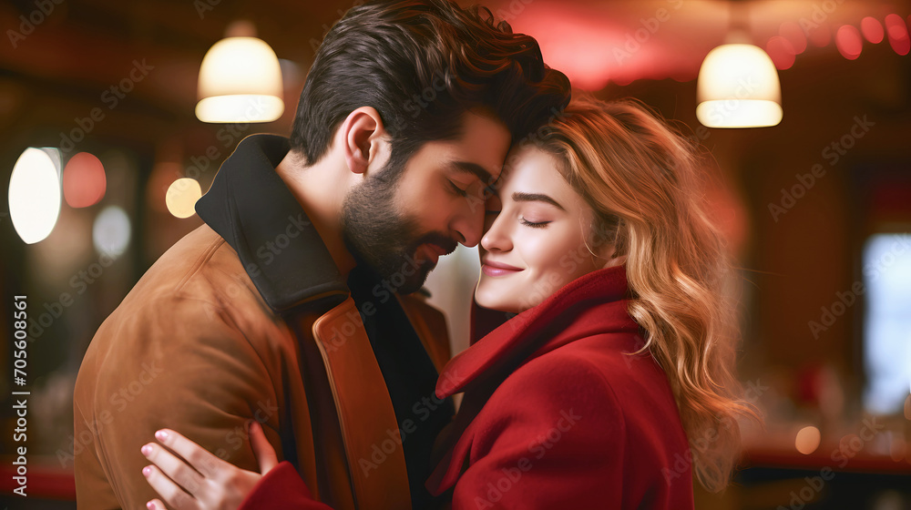 Close up portrait of a European young couple hugging, smiling and loving each other. An man and a woman on a date celebrate Valentine's Day. The concept of romantic relationships Close up portrait of a European young couple hugging, smiling and loving each other. An man and a woman on a date celebrate Valentine's Day. The concept of romantic relationships