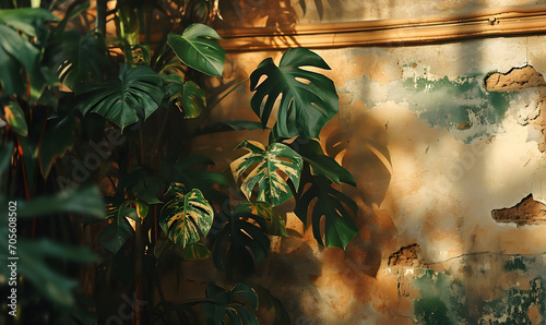  Giant Monstera Variegata plant shot growing on an old wall with painted Renaissance frescoes, Generative AI