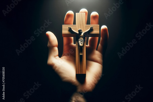 wooden jesus cross in hand on solid black background. ai generative