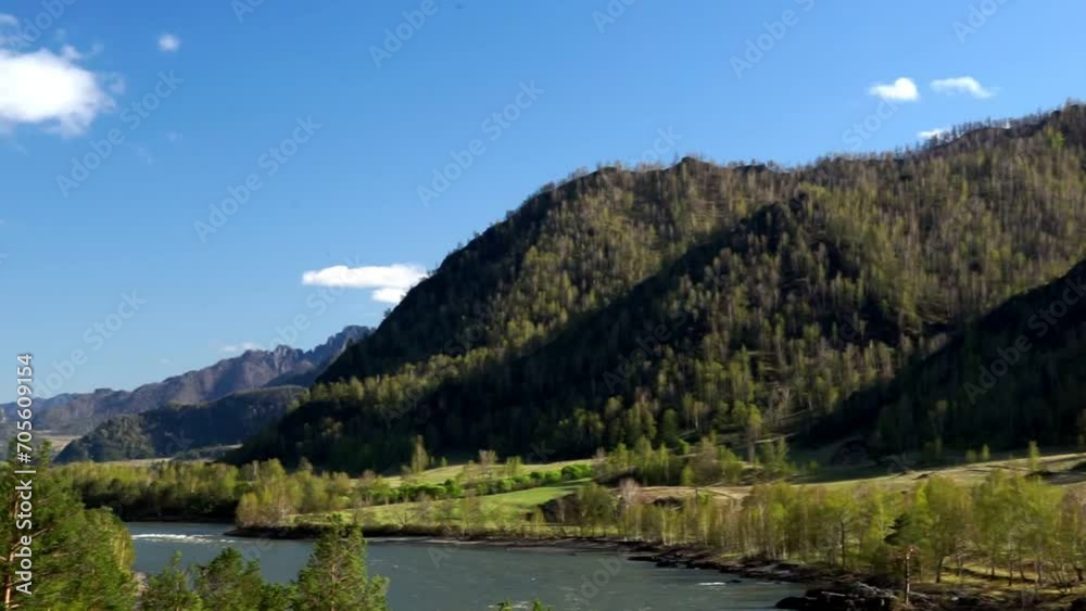 stormy river in the mountains, wooded mountains, early spring, blue sky stormy river in the mountains, wooded mountains, early spring, blue sky