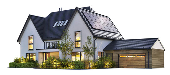 Night View of a House with Solar Panels on a Transparent Background