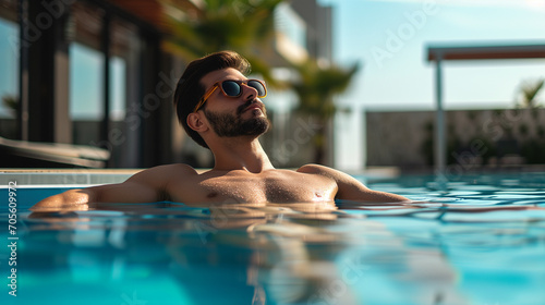 Handsome young man relaxing by the luxury swimming pool