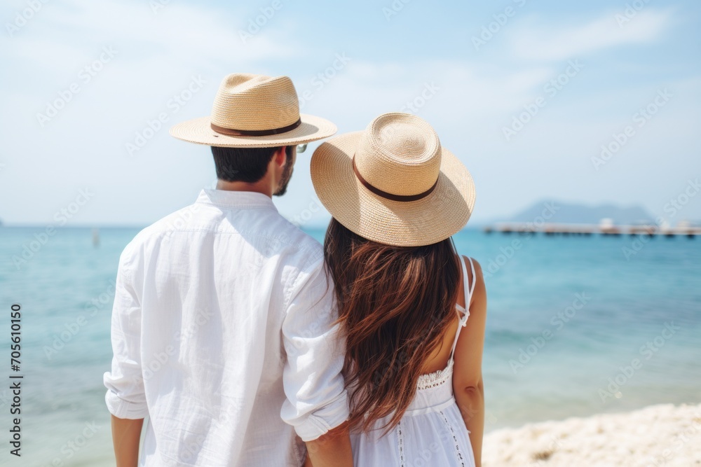 Silhouette of a smiling couple enjoying a sunny beach day with ocean waves in the background