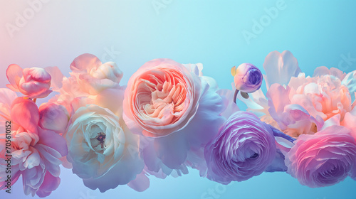 Minimal surrealism background with peonies, wild roses and ranunculus in pastel holographic colors with gradient and copy space