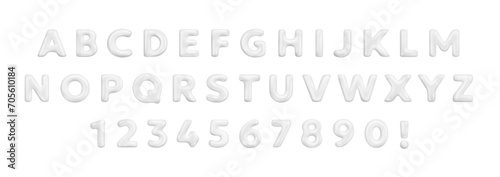 Vector realistic abc illustration of white color glossy letter and number. 3d style design of complete alphabet on white background. Font  collection letter and number in cartoon style