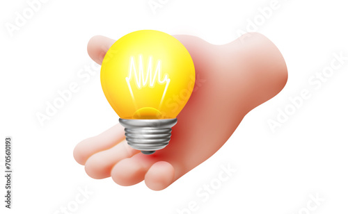 Vector illustration of gesture hand hold yellow light bulb on white color background. 3d style design of man white skin hand give light bulb for ecology web, save energy banner, creative idea poster