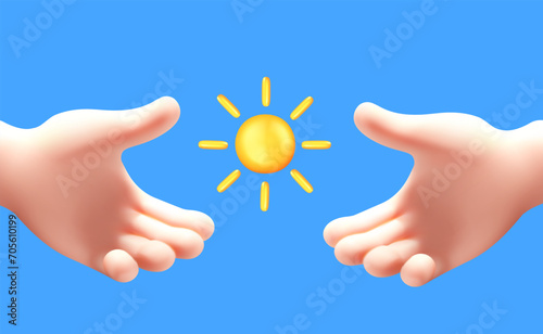 Vector illustration of gesture hand hold yellow sun on blue color background. 3d style design of man white skin hand give sun
