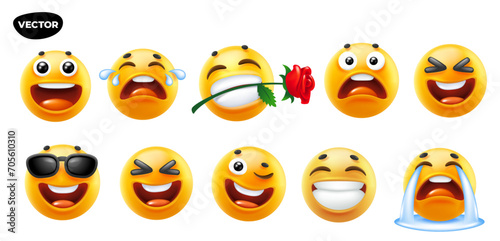 3d vector style design of funny set of emoji with tongue, sunglasses, flower, tear and smile for social media. Vector cool collection of illustration of happy fun yellow color emoticon with emotion photo