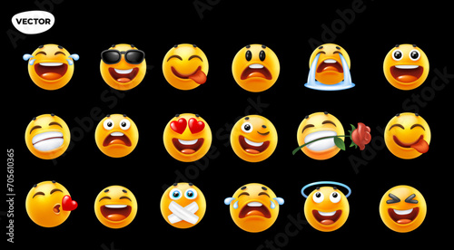 3d vector style design of funny collection of emoji with smile, heart, tongue, kiss and tear. Vector large set of illustration of happy fun yellow color emoticon with different emotion photo