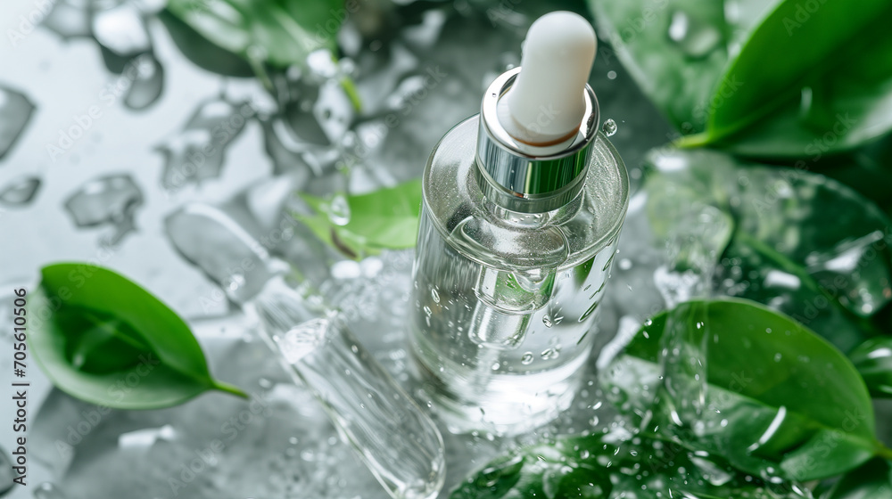 Natural cosmetic product oil,serum or essence in a bottle with a dropper, with fresh green leaves and splashes. Concept of beauty, skin, hair or body care Natural cosmetic product oil,serum or essence in a bottle with a dropper, with fresh green leaves and splashes. Concept of beauty, skin, hair or body care