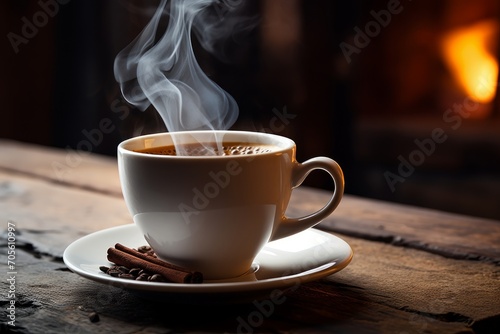 Photo of a freshly brewed cup of artisanal coffee with steam rising. Generative AI