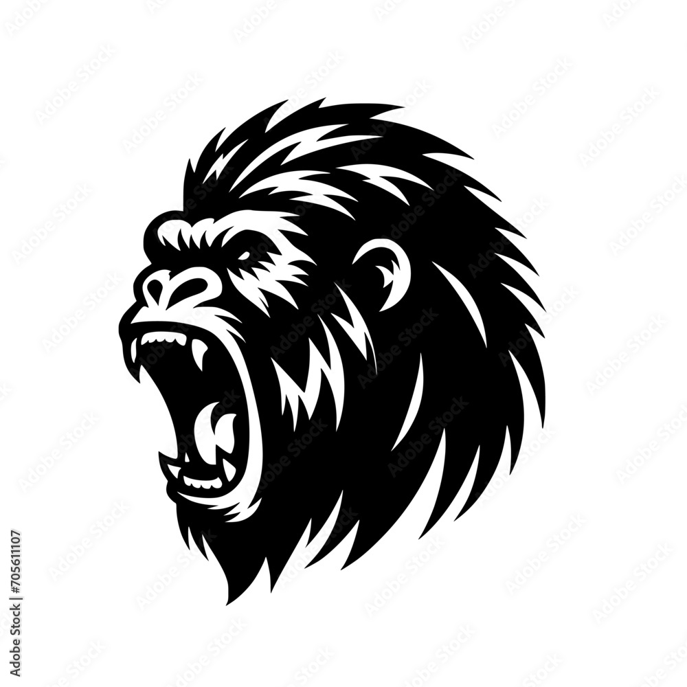 Obraz premium Vector logo of a raging gorilla. Professional logo of a chimpanzee. Black and white logo of an ape isolated on white background.