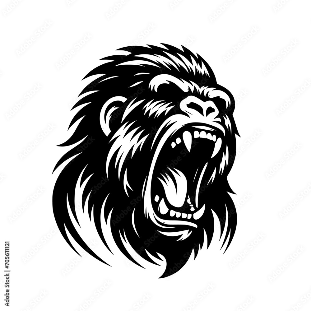 Fototapeta premium Vector logo of a raging gorilla. Professional logo of a chimpanzee. Black and white logo of an ape isolated on white background.