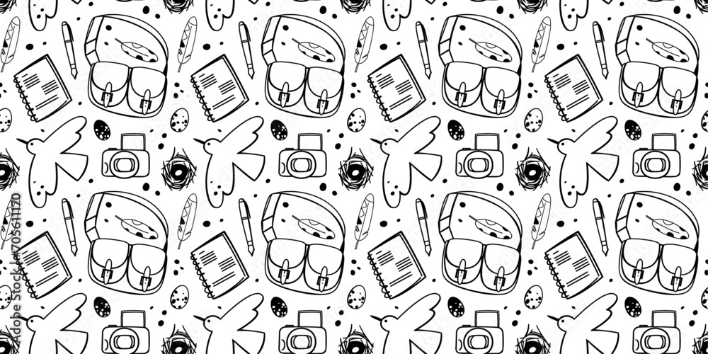 Seamless pattern with bird, eggs, feathers, satchel bags and etc. Concept of exploration, travel and eco tourism.
