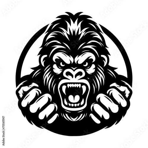 Vector logo of a raging gorilla. Professional logo of a chimpanzee. Black and white logo of an ape isolated on white background.