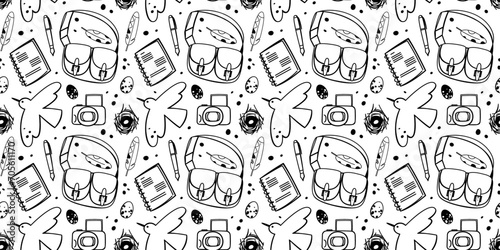 Seamless pattern with bird, eggs, feathers, satchel bags and etc. Concept of exploration, travel and eco tourism. 