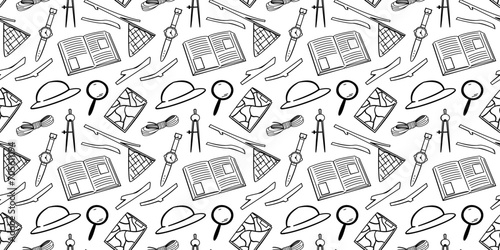 Monochrome seamless pattern. Concept of exploration, travel and eco tourism. 